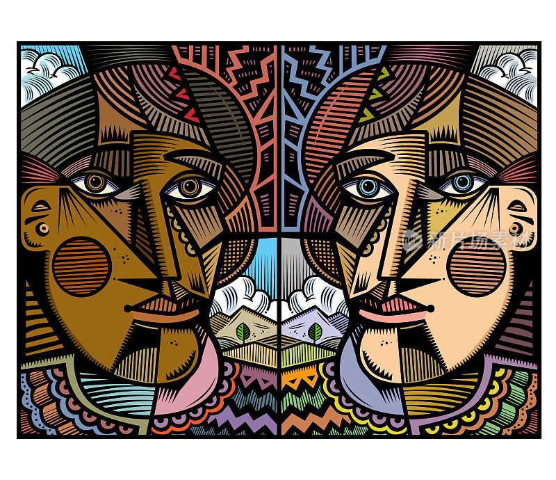 Multicultural cubist head illustration